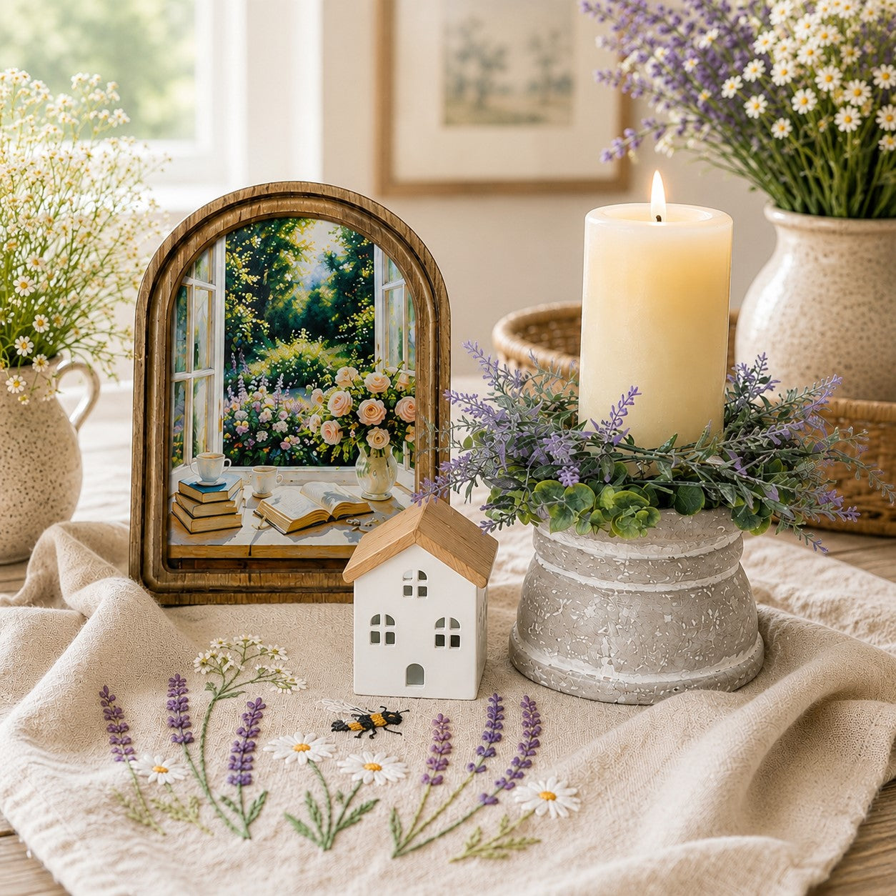 sunlit garden framed art, mini LED house, lavender and bee kitchen towel, speckled gray candle holder, ivory pillar candle, and lavender candle ring, sold as set, Summer in a Box decor