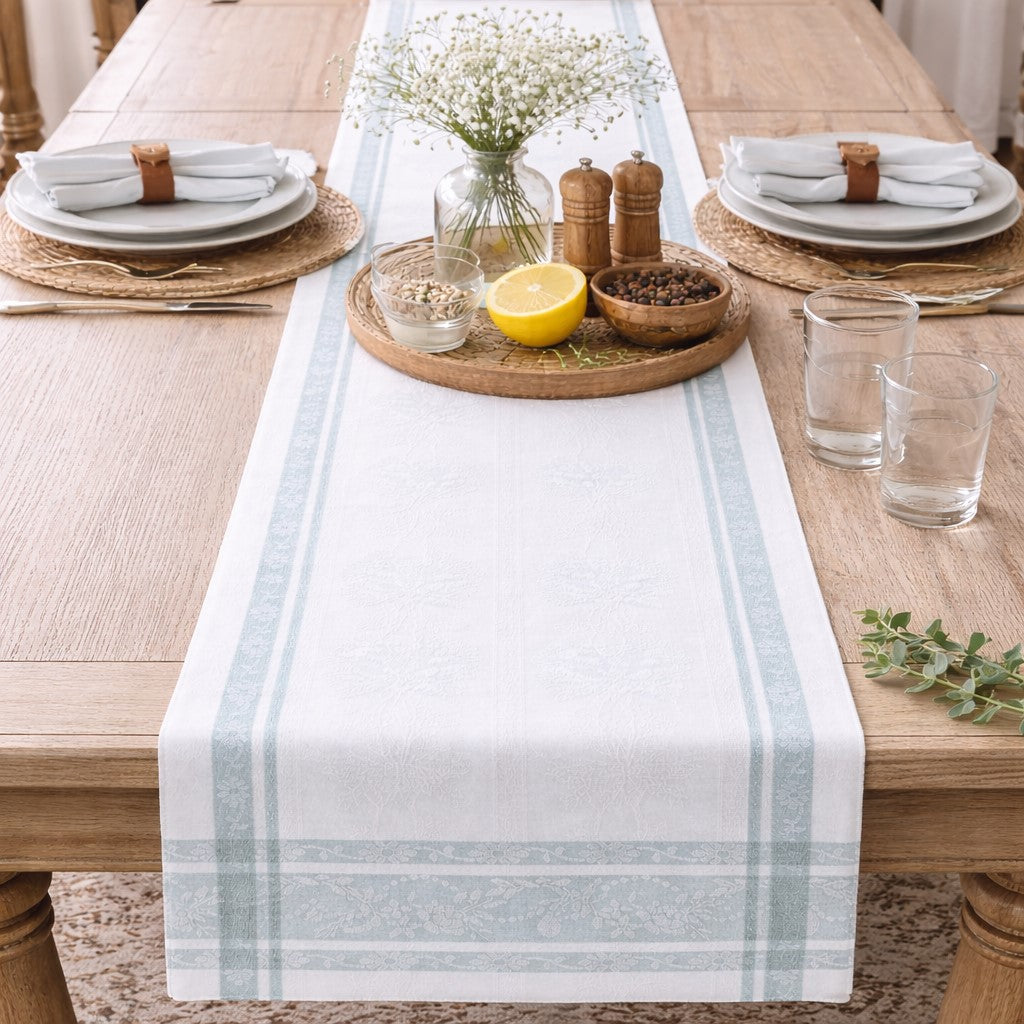 Quiet Aqua Jacquard Table Runner, 13 by 72 inch cotton table runner with soft aqua striping and botanical detailing for dining decor