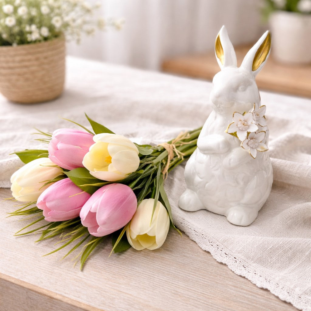 Real touch pink and cream tulip bouquet with bendable stems, 14x5 inches, perfect for spring farmhouse and French country home decor