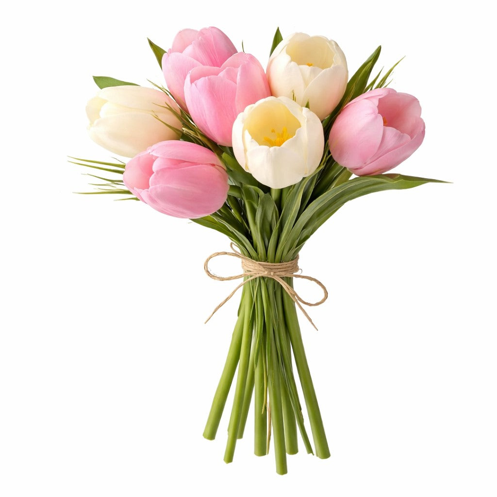 Real touch pink and cream tulip bouquet with bendable stems, 14x5 inches, perfect for spring farmhouse and French country home decor