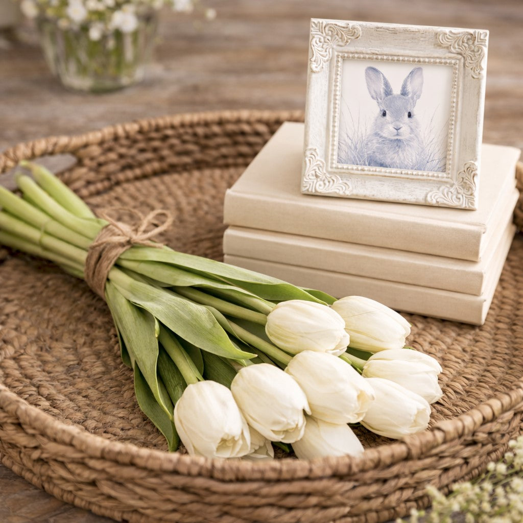 Realistic white faux tulip stems with natural green leaves - premium artificial flower bundle