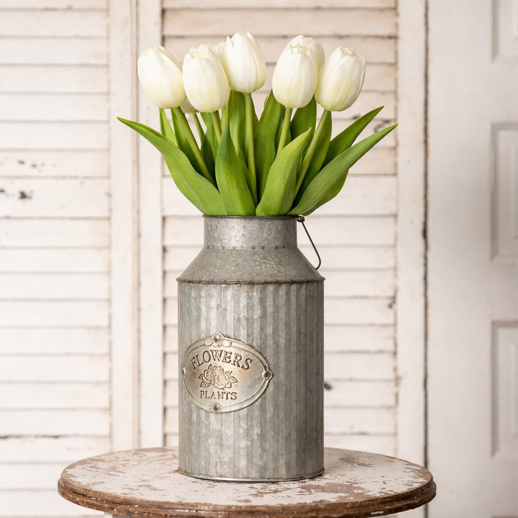 Realistic white faux tulip stems with natural green leaves - premium artificial flower bundle