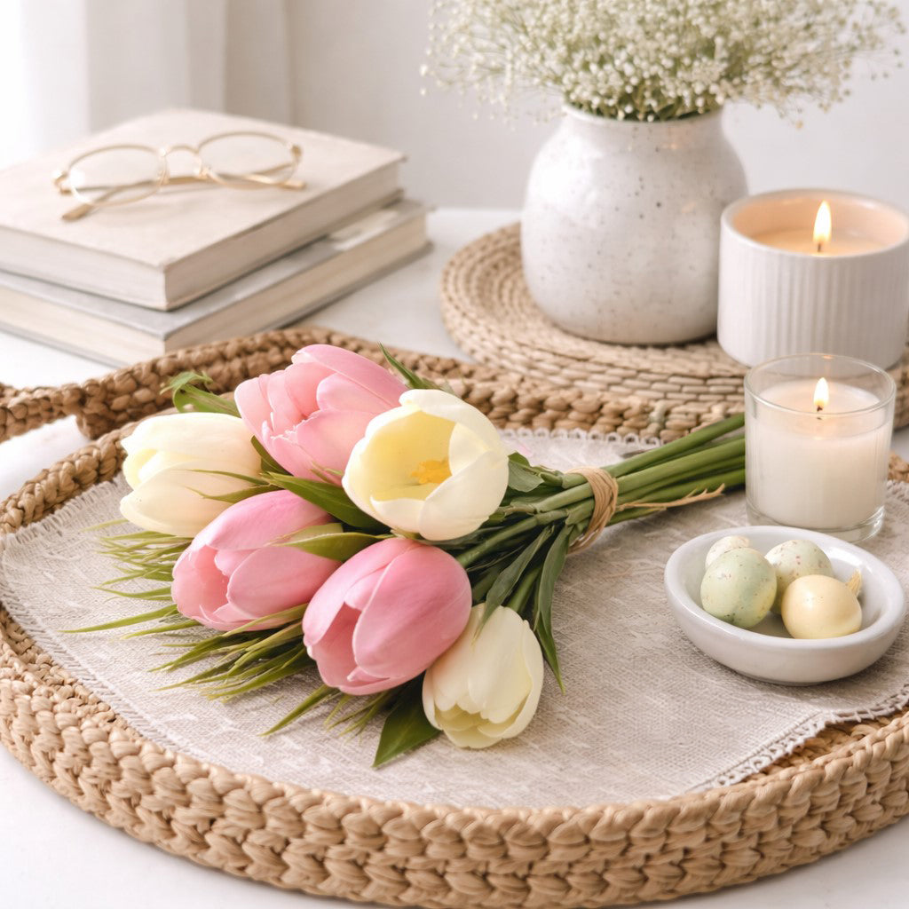 Real touch pink and cream tulip bouquet with bendable stems, 14x5 inches, perfect for spring farmhouse and French country home decor