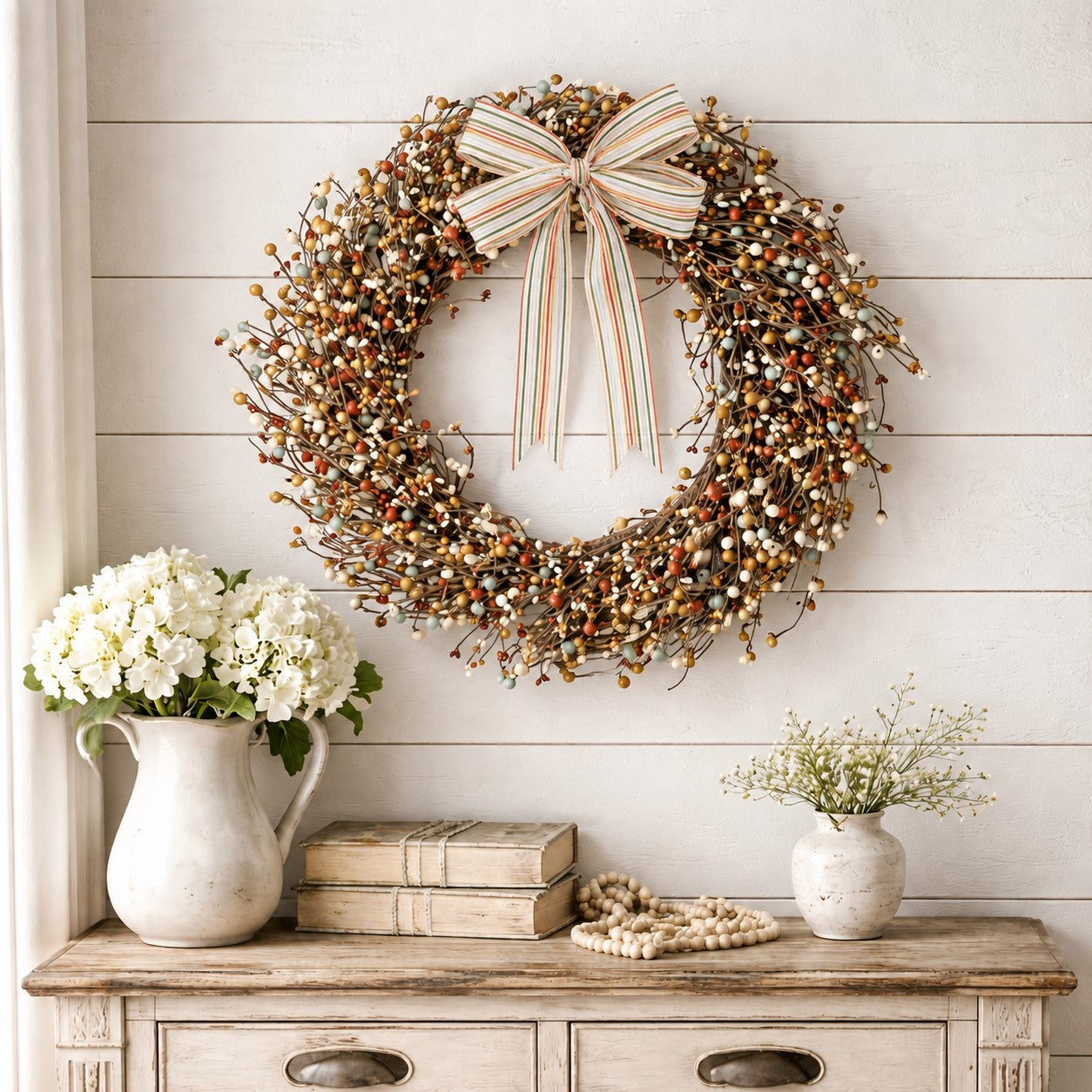 A rustic fall berry wreath with a striped bow hanging on a white shiplap wall above a wooden console table decorated with white flowers and books.