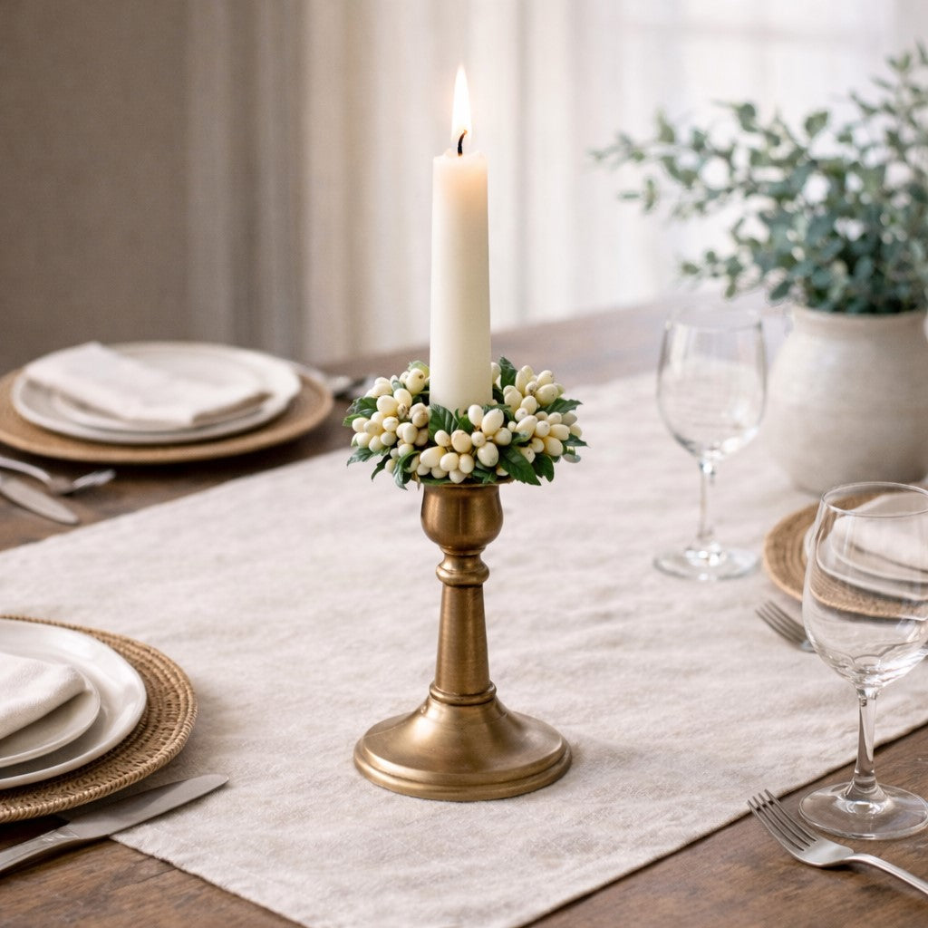 Whisper White Pip Berry Ring, 3 inch candle ring or napkin ring with cream berries and greenery for table decor