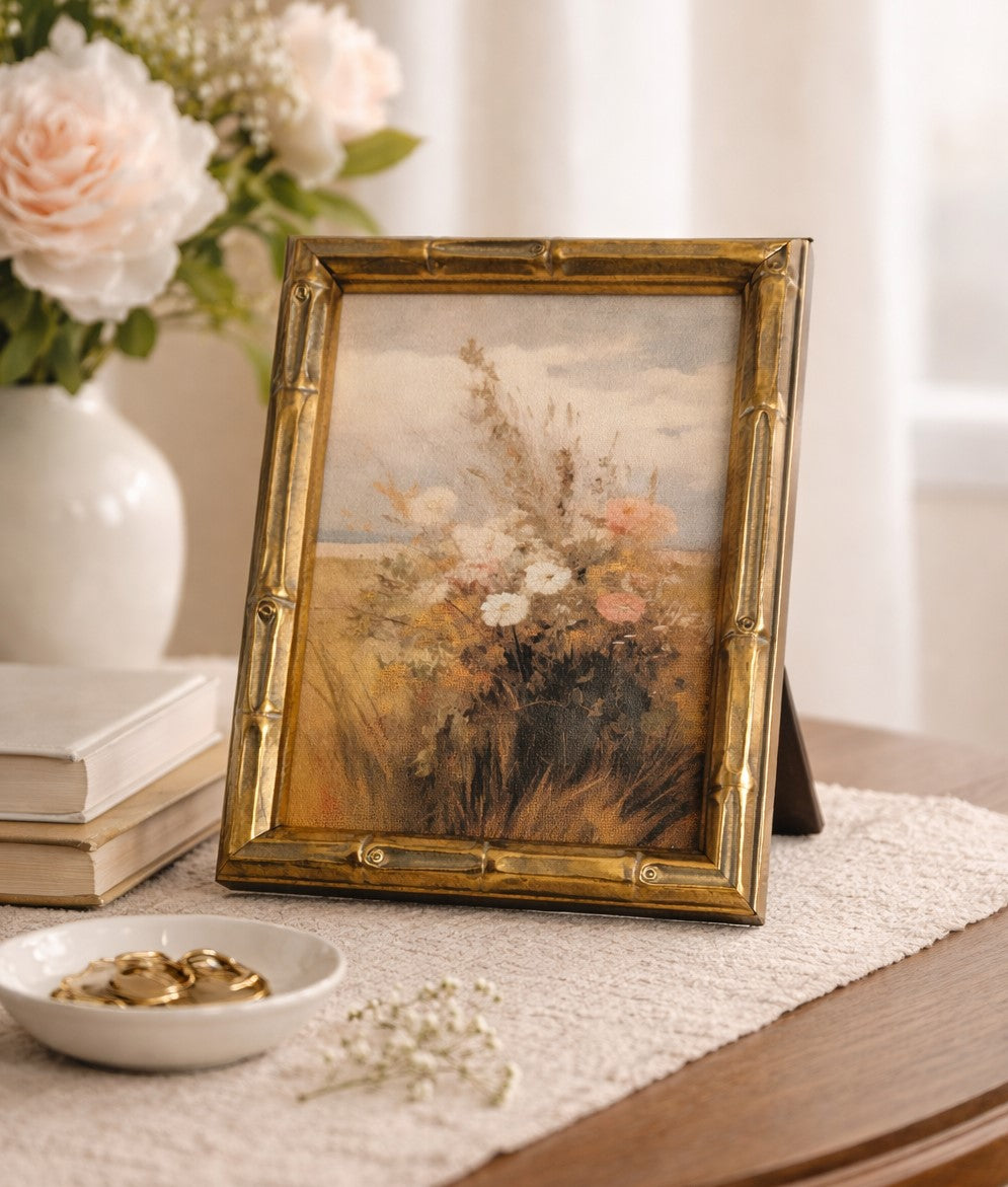Wildflower canvas print in gold bamboo-style frame showing soft painted wildflowers in warm neutral tones, 5x7 size