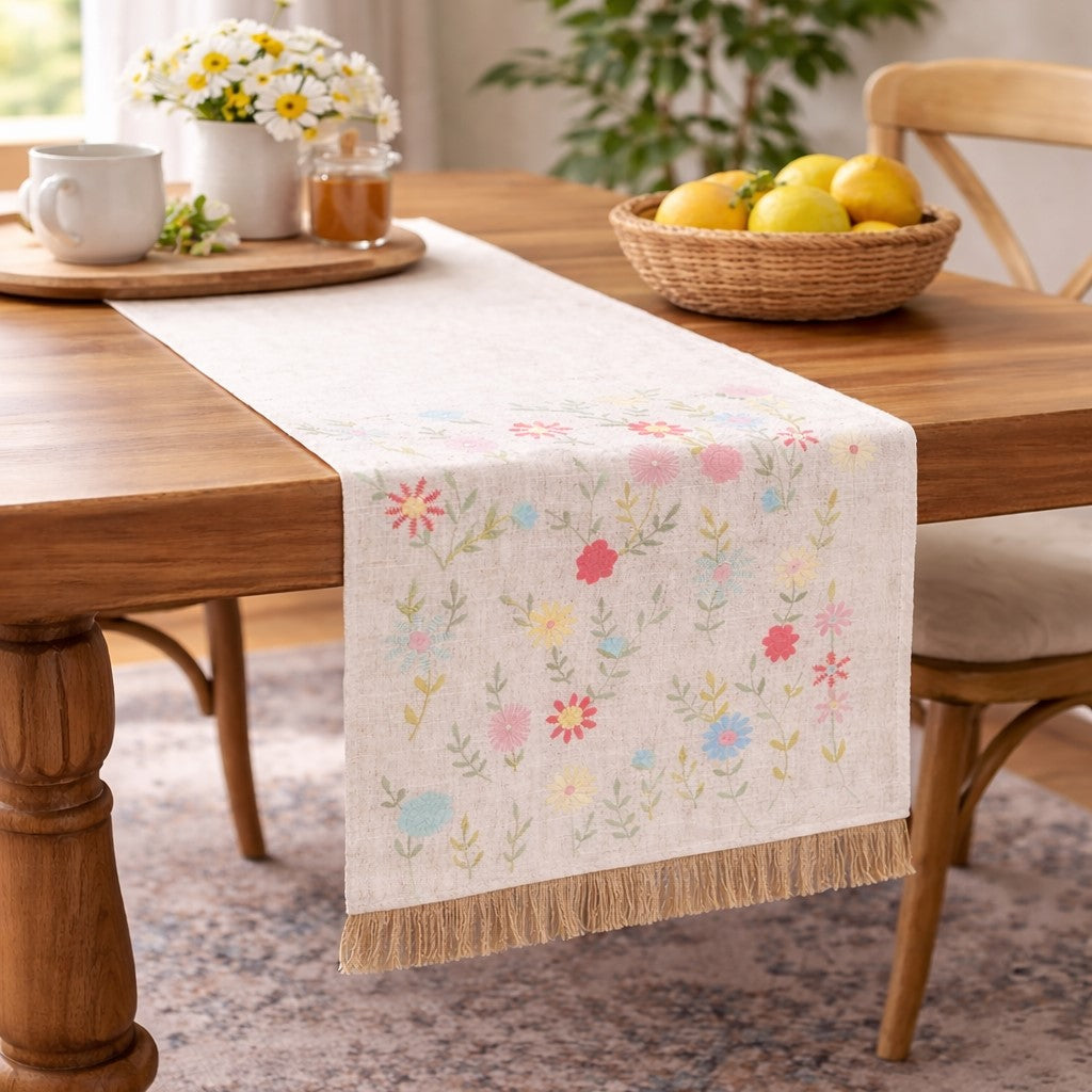 Wildflower Fringed Table Runner, 13 by 72 inch embroidered floral table runner with jute fringe for dining decor