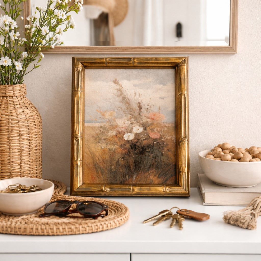 Wildflower canvas print in gold bamboo-style frame showing soft painted wildflowers in warm neutral tones, 5x7 size