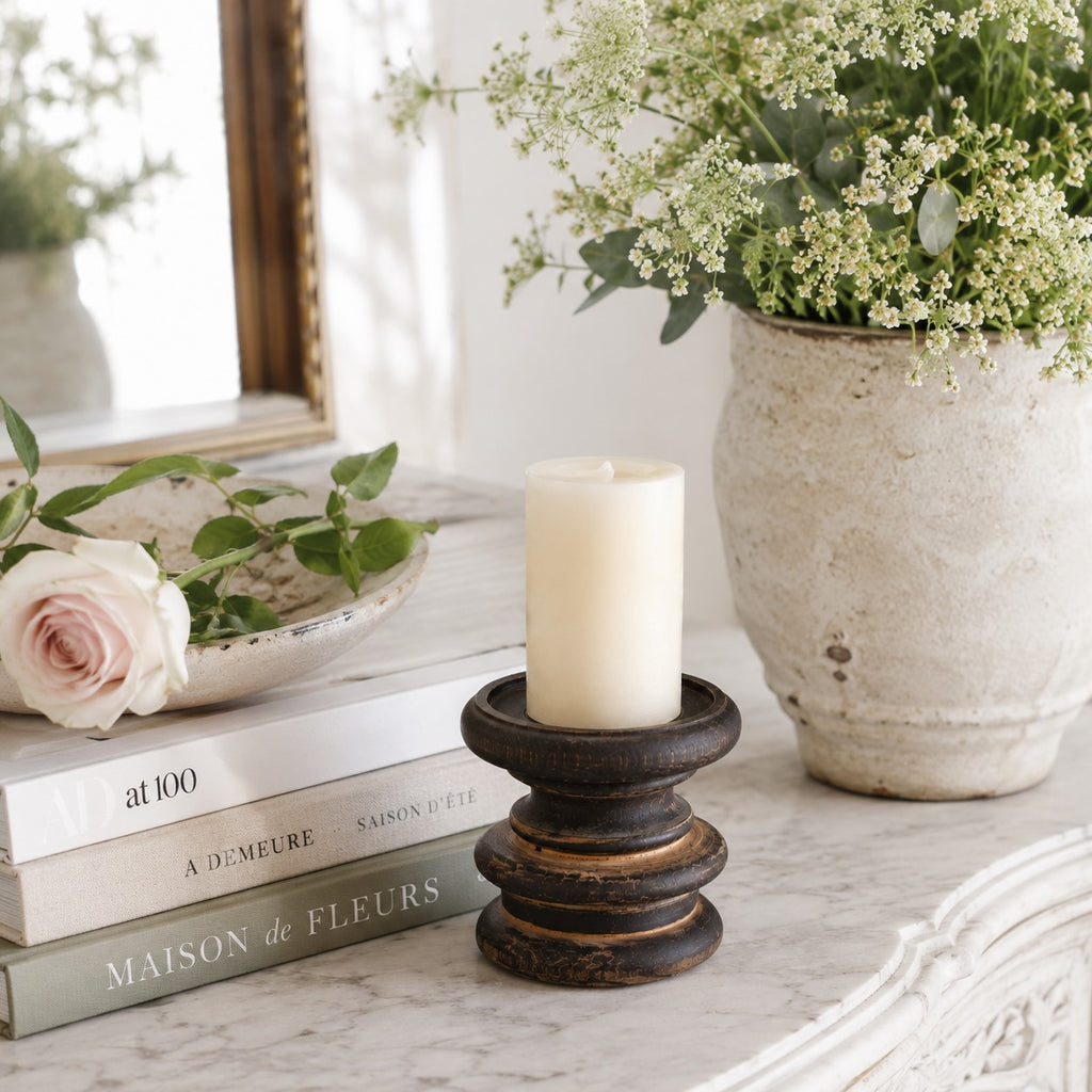 Wood Candle Holder & Cream Pillar Candle Set