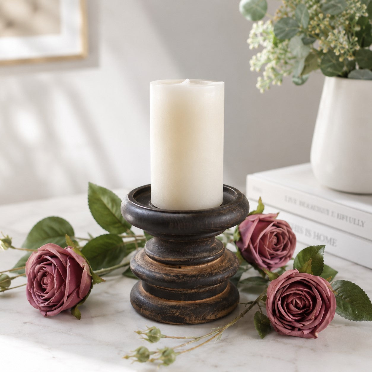 Wood Candle Holder & Cream Pillar Candle Set